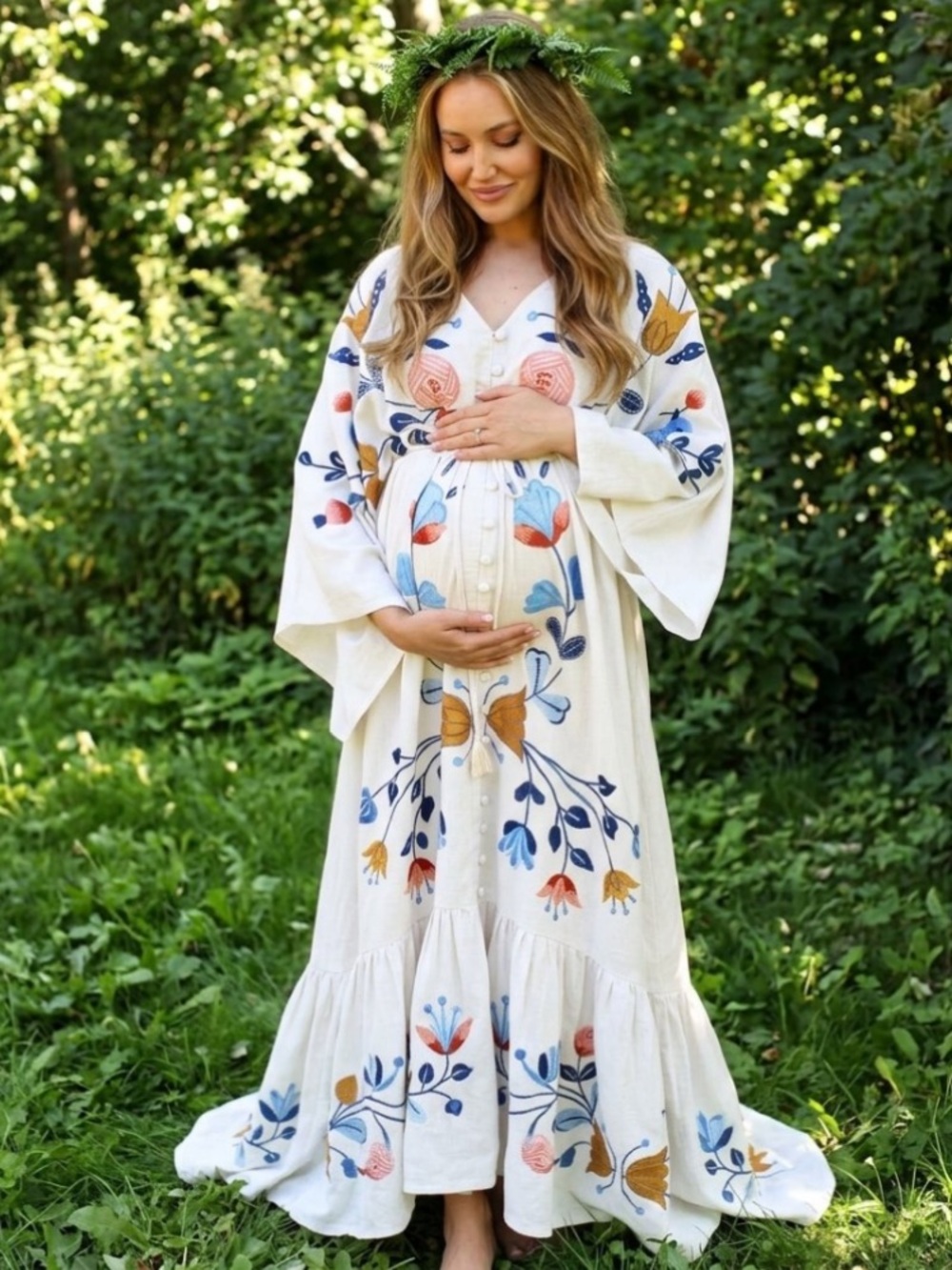 New Laurel Lodge White Linen Embroidered Maxi Dress Bridal Pregnancy Photo Shoot